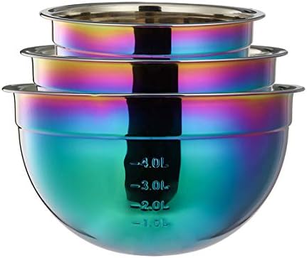 Mixing Bowl Set 18/8 Stainless Steel, Rainbow Salad Bowls 3 Piece Colorful Nesting Bowl Deep for Chef Prep Cooking, Baking, Salad Fruit, Food Preparation, Cake Measure Bowl Includes 1.5 L, 2.5L, 4L
