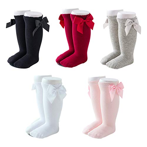 AWOCAN 5Pc/Set Baby Knee High Sock Bow Ruffled Stockings Uniform Infants Toddler Sock Tights Baby (XL)