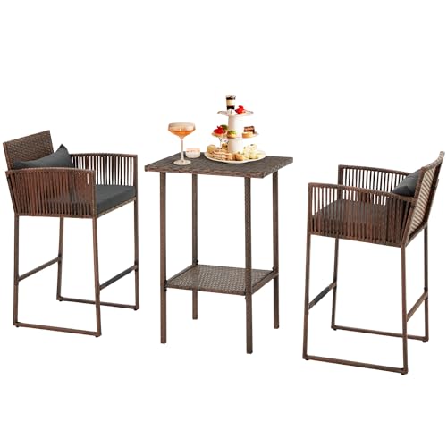AVAWING 3PCS Patio Wicker Bar Set, Outdoor Bistro Rattan Barstool Furniture, Height Counter Table and Chairs for Backyard, Poolside, Balcony, Steel Frame w/Extra Cushion Covers Gray/Blue