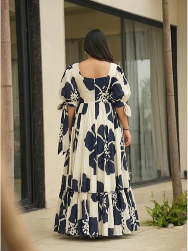 Image of Modestouze Attires Women's Floral Pattern Rayon Blend Maxi Dress with Sweetheart Neck Half Puff Sleeve Floor Length and Zipper Closure Type | Maxi Dress for Women Stylish | Dress for Women