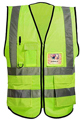 MISSLO 5 Pockets High Visibility Zipper Front Breathable Safety Vest with Reflective Strips, Neon Yellow (Medium)