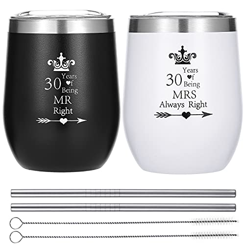 HLIKEM Pack Of 2 Wine Tumbler 30 Years Mr Right Mrs Always Right 60th Wedding Engagement Anniversary Cups for Couple Parents Stainless Steel Insulated Wine Glass with Straws and Brush