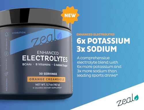 Image of Zeal Electrolyte Powder - 30 Servings | Keto Electrolytes Powder | Zero Sugar, BCAAs, B-Vitamins | Potassium, Zinc, Magnesium | Hydration Powder Recovery Drink | Orange Creamsicle