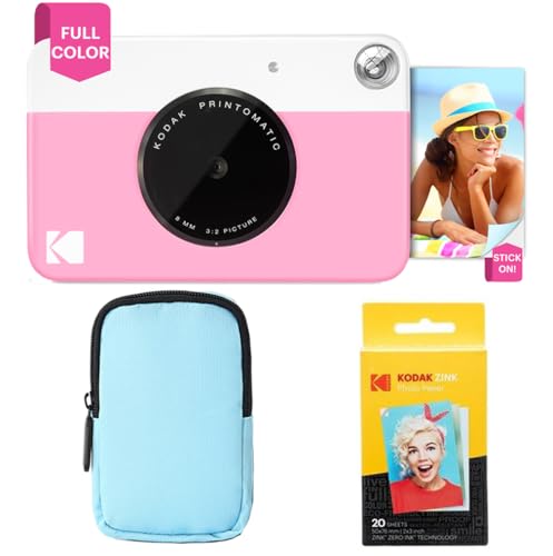 KODAK Printomatic Paquete básico de cámara con impresión instantánea a Todo Color + Estuche Blando + Paquete de 20 Papeles fotográficos Zink   Fotos Coloridas en Papel Adhesivo de 2 x 3   Rosa