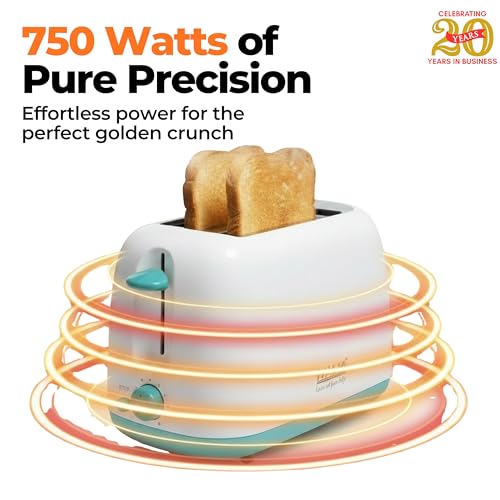 Image of ITALIA 2 Slice Pop-up Toaster | 750W Bread Toaster with 6 Browning Levels, Auto Pop-up, Anti-Jam Safety, Easy Clean, Compact Design - White & Mint