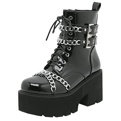 Image of Parisuit Womens Goth Patent Ankle Boots Platform Chunky Combat Boots