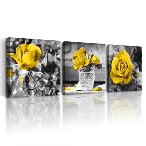 DZRWUBHS Black And White Wall Pictures Large Size Wall Art For Bedroom Modern Wall Decor For Living Room Kitchen Decor Bathroom Wall Decorations Yellow Rose Flowers Canvas Prints Girls Room Artwork