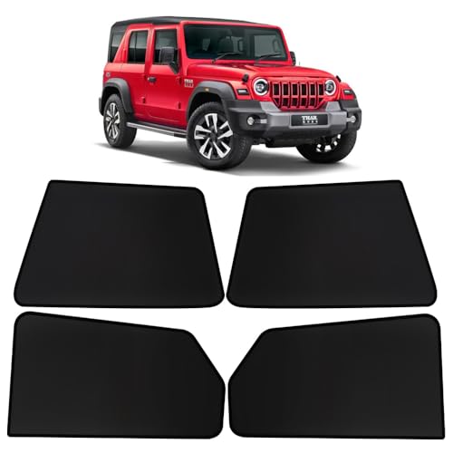 Image of OTO2EYE Car Sun Shade Compatible for Mahindra Thar Roxx Model 2024 to 2025, Z-Black Fix Type Side Window Curtains, Only Half Cut in Front Window, 6 Pieces Set