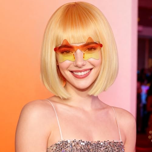 Image of ANOGOL Hair Cap + (Sunglasses) Orange Gradient Bob Wig with Bangs Womens Party Wigs with Star-Shaped Glasses Short Neon Wig Daily Party Fun Wigs Women Halloween Costume Bachelorette Hair