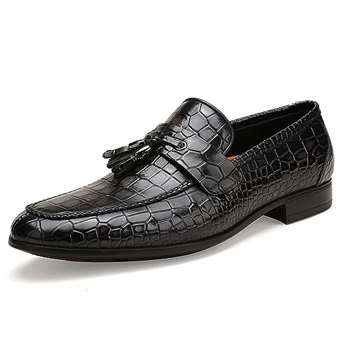 Image of Mens Leather Tassel Loafer, Classic Luxury Smooth Upper Tassel Slip-on Penny Loafer for Mens, Black