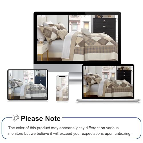 Image of Oversized Bedspreads Queen Size 102 inchx120 inch - 100% Cotton Lightweight Farmhouse Quilt with 2 Pillow Shams, Printed Diamond Plaid Quilted Bedding Coverlet for All Season, Brown /Beige /Khaki