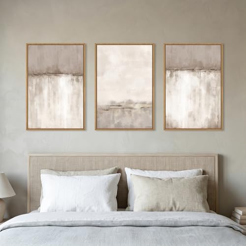 Image of KAIRNE Large Neutral Gray Framed Canvas Wall Art Set, Abstract Duotone Gray Tan Wall Decor, Neutral Watercolor Shape Wall Pinting, Modern Landscape Art Print for Living Room,Bedroom,Office-16 x24 x3