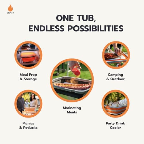 Drip EZ Collapsible BBQ Prep Tubs 3-Piece Set- For Meal Prep Marinating Food Storage - Includes Cutting Board & Lid - (1) JR + (1) OG + (1) XL - Black