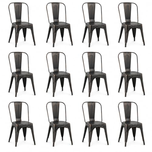 Image of Metal Dining Chairs with Back, Stackable, Distressed Black, 12 Pack | Easy Assembly, Non-Slip Feet, 330 lb Capacity, Kitchen, Restaurant, Cafe, Pub, Covered Patio