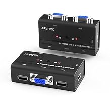 2 Port VGA KVM Switch w/2 KVM Cables, Arvitek USB VGA Switch to Share 1 Monitor and 3 USB Devices Between 2 Computers, Supports 19201440, No Hotkey Support