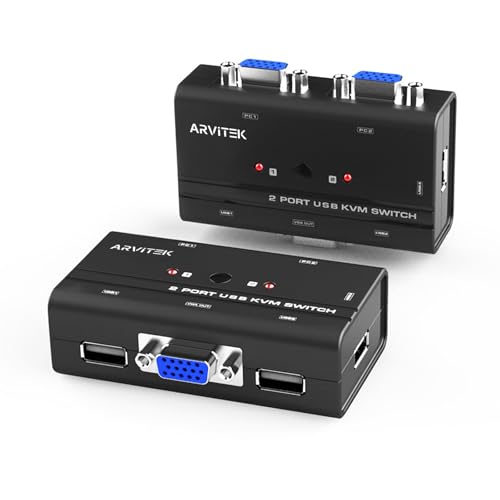 Commutateur KVM VGA 2 ports Arvitek avec câbles et 3 USB pour 2 PC