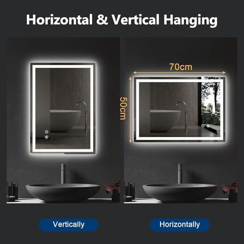 CROWNSHOP Bathroom Mirror with LED Lights, 70x50cm LED Illuminated Mirror with Anti-Fog, 3 Colour Dimmable Lights, Touch Control & Memory Function | IP54 Rated, Horizontal/Vertical Mount - Image 6