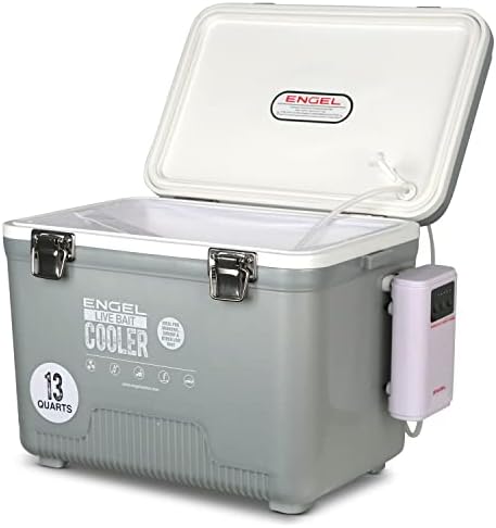 ENGEL 13 Quart Live Bait Cooler PRO for Fishing - Portable Minnow and Bait Bucket with Lithium-Ion Rechargeable Aerator - Silver (13Qt)