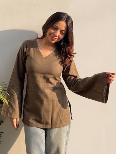 Image of ANNI Designer Short Kurti for Women Solid Design | V Neck Full Sleeve Kurti Tops for Women | Stylish Kurtis & Short Kurtis for Woman | Casual Kurti with Jeans | Kurtas for Woman