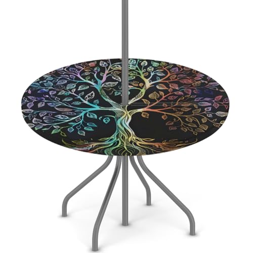 oooJHooo Outdoor Tablecloth with Umbrella Hole, Boho Bohemia Tree Round Fitted Tablecloth, Spring Summer Elastic Picnic Table Cover Camping Table Cover for Outside Patio Garden Cafe 36"-44",D-1226