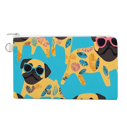 Hawaiian Pug Dogs with Tattoo Fashion Coin Purse Change Makeup Bag Canvas Pencil Pouch Travel