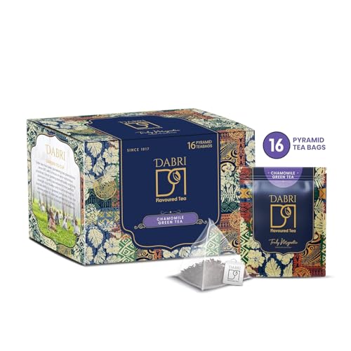 Image of Dabri Chamomile Green Tea 32 Pyramid Dip Tea Bags|Pack of 2 x 16 Bags Each|Natural Whole Leaf & Chamomile Flowers|Relieves Menstrual Cramps & Stress|Aids Sleep & Digestion|Glowing Skin & Strong Hair