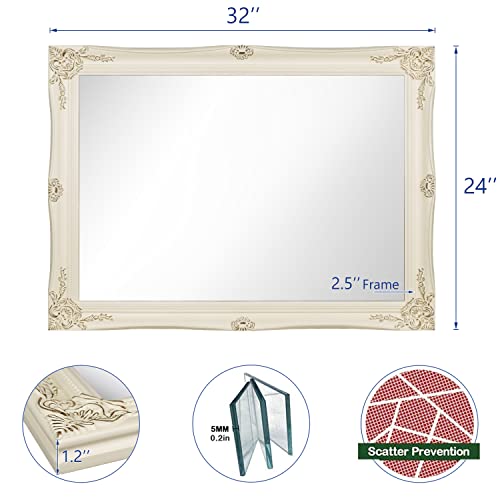 H-A Rustic Wall Mirror For Bathroom, White Vanity Mirrors For Wall Decor, Antique Ornate Mirror For Living Room, Bedroom, Hallway 32''X24'' #TOP2