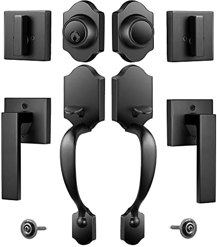 Elemake Front Door Handle Set - Double Front Door Entry Handleset with Deadbolt Lock, Keyed Entry Handle and Dummy Lock Set, Black ORB Matte Plating All Zinc Alloy Reversible Door Lever Set
