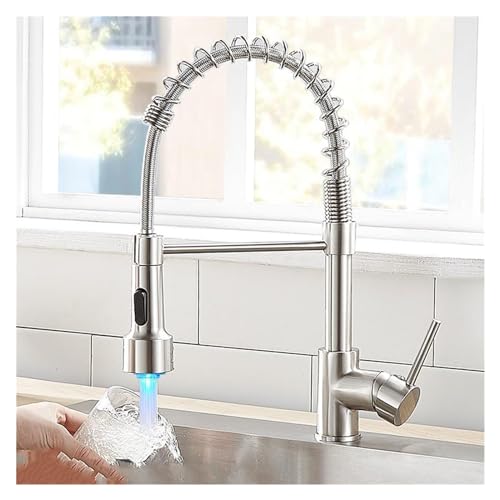 Robinet de cuisine LWX avec pulvérisateur LED et ressort en nickel brossé