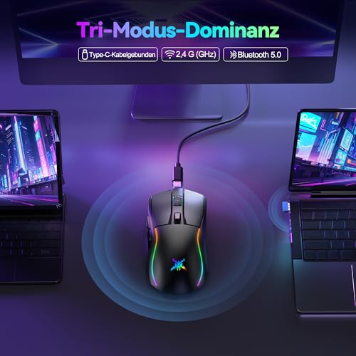 TECKNET Gaming Maus Kabellos, RGB Wiederaufladbare Maus mit 24000 DPI, 2.4G/USB-C/Bluetooth Ergonomische Gaming Mouse mit 6 Programmierbare Tasten, 1000Hz Abfragerate, 300 IPS für PC/Mac Gamer – Bild 3