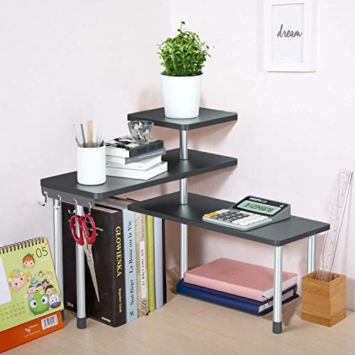 3 Tier Kitchen Corner Shelf Desktop Bamboo Shelving Organiser Spice Storage Rack, Space Saving Organizer Corner Bookshelf for Kitchen, Home, Office with Hooks (Black)