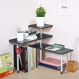 3 Tier Kitchen Corner Shelf Desktop Bamboo Shelving Organiser Spice Storage Rack, Space Saving Organizer Corner Bookshelf for Kitchen, Home, Office with Hooks (Black)