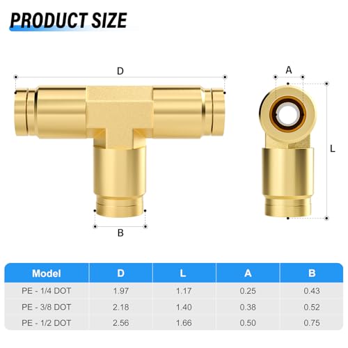 Image of TAILONZ PNEUMATIC 5PCS 1 /4 inch Tube OD DOT Tee Out Pipe Air Fittings, Push to Connect Fittings Air Brake Pipe Fittings for Cars, Trucks, Air Brake Systems, Etc.
