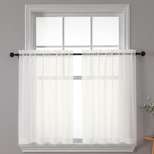Image of Chyhomenyc Sheer Curtains Tiers 2 Pieces Set, Light Filtering Small Curtains 24 in Length, Short Bathroom Living Room Cafe Basement Voile Window Curtains, Rod Pocket, 42W x 24L Inches, Ivory