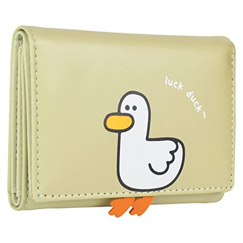 Fire Stone Cute Girls Wallet, Tir-folded Short Wallet with Cash Pocket Card Holder ID Window Purse for Women (Green Duck)