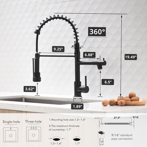Image of AIMADI Black Kitchen Faucet with 2 Function Sprayer,Commercial Stainless Steel Single Handle Single Hole Spring Matte Black Kitchen Faucet