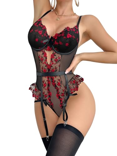 Image of Lilosy Sexy Stocking Lace Mesh Bodysuit Top Underwire Garter Lingerie Set 3 Piece