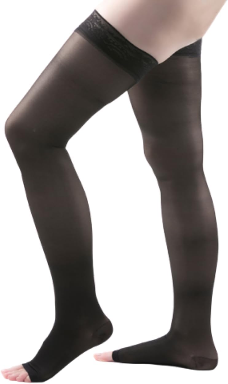 Allegro Comfortable Essential Compression Stockings, Thigh High Open Toe Support for Women with Compression Relief 20-30mmHg, 9 Sheer Support Hose