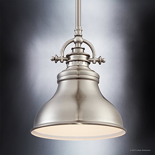 Urban Ambiance Luxury Industrial Hanging Pendant Light, Small Size: 9" H X 8" W, With Americana Style Elements, Nostalgic Design, Pretty Brushed Nickel Finish And Steel Shade, Uql2289 #TOP2