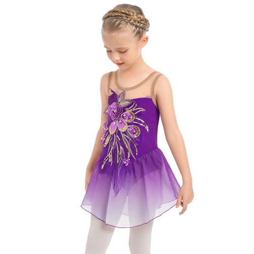 AFAVOM Figure Skating Dress for Girls Sequin Flower Mesh Ice Skating Dress Ballet Dance Leotard Dress Chiffon Skirted Ballerina Dancewear for Competition Stage Performance Costume Purple 11-12 Years