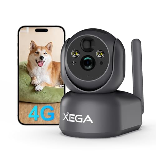 Xega 4G LTE Caméra Surveillance Intérieure sans Fil Gris, 2K IP Caméra pour Bébé/Animaux, 355° PTZ Caméra Carte Sim, Vision Nocturne, Détection de Mouvement, Audio Bidirectionnel, Accès à Distance