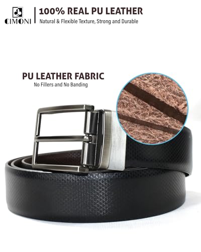 Image of CIMONI Reversible Leather Belt for Men | Genuine Leather & Vegan Leather Pin Buckle Belt | Classic Black /Brown Adjustable Belt for Formal, Business, Office & Casual Wear
