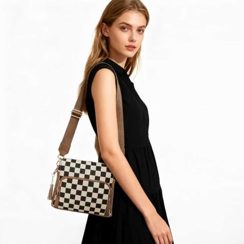 Image of Sling Bag Crossbody Bags For Women Plaid Striped Fanny Packs Chest Bag for Work Shopping (Brown) (Multi-Pocket Bag)