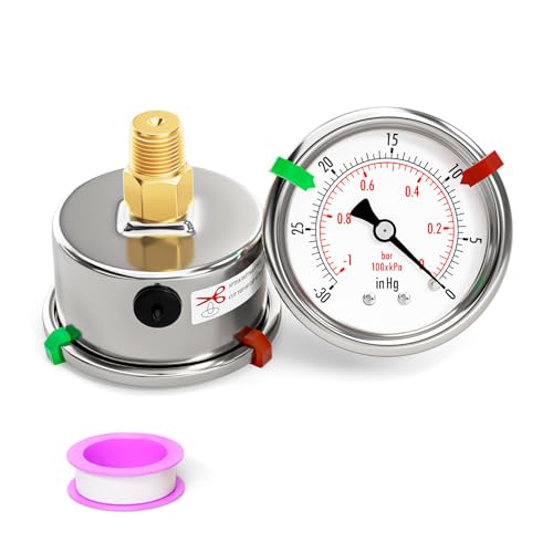 Image of -30inHg-0psi Stainless Steel Vacuum Industrial Pressure Gauge 1 /4 inch NPT 2 inch Dual Scale, Back Mount,Waterproof, for Pneumatic Equipment, Pumps, compressors (with Range Mark Pointer)