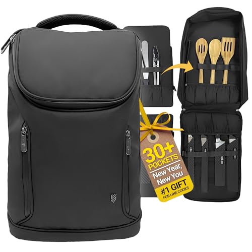 Premium Chef Knife Backpack | Knife Case with 21+ Pockets for Knives and Culinary Tools | Great Knife Bag for Chefs & Culinary Students | Knives & Tools Not Included (Black)