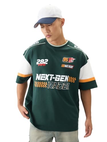 Image of The Souled Store Official Disney: Speed Racer Men and Boys Short Sleeve Round Neck Green Graphic Printed Cotton Oversized T-Shirts