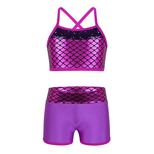 Image of Agoky Kids Girls 2PCS Sports Outfits Ballet Gym Sequins Mermaid Tank Top Shorts Set Tankini Swimwear Gymnastics Tracksuit
