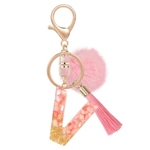 MWOOT Nombre Letra inicial V Llavero, Rosa Llaveros de Coche para Mujeres, Encantos Resina para Llave de Puerta Llave del Coche Decoración del Bolso
