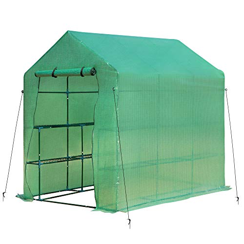 Preisvergleich Produktbild Outsunny Gewächshaus Treibhaus mit Blumenregal Frühbeet Tomatenhaus Pflanzenhaus für Garten, aus Stahlrohl und PE-Gewebe, Grün, 214L x 143B x 195H cm