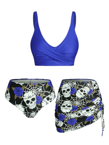 Rosegal Plus Size Women 3 Piece Tankini Swimsuit Gothic Skull Rose Spider Web Print Twist Bathing Suit